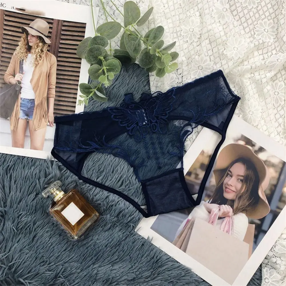 

Low Waist Bowknot Lace Hollow Briefs Open Cotton Crotch Thin Flower Mesh Transparent Panties Simple Leaf