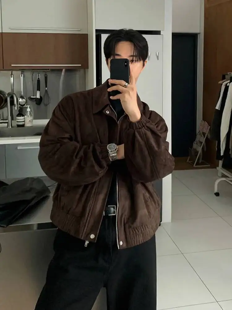 

Korean Style Men's Suede Short Jackets Turn Down Collar Solid Color Casual Menswear New Loose Male Coats 2025 Winter
