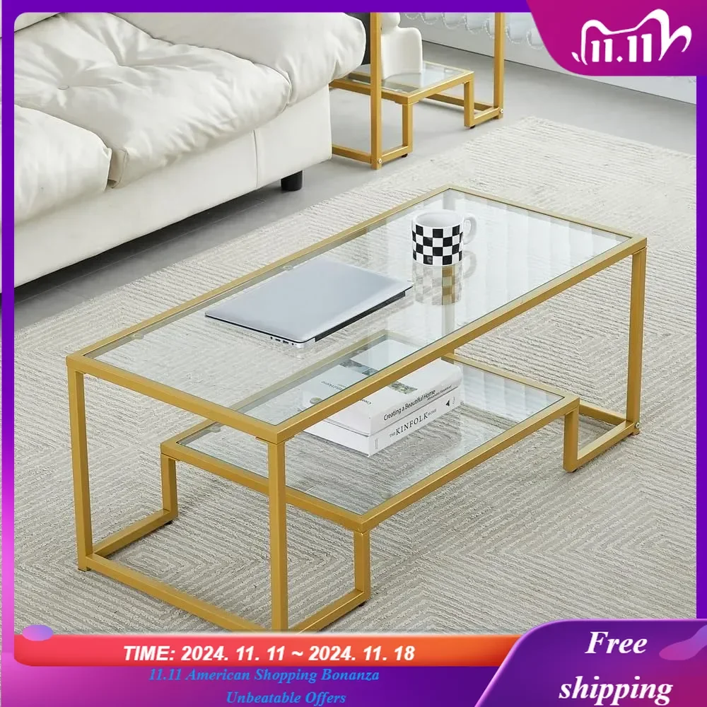 Golden Metal Glass Coffee Table - Two-Tiered with Tempered Glass, Stylish Metal Frame Coffee Table for Bedroom, Dining Room
