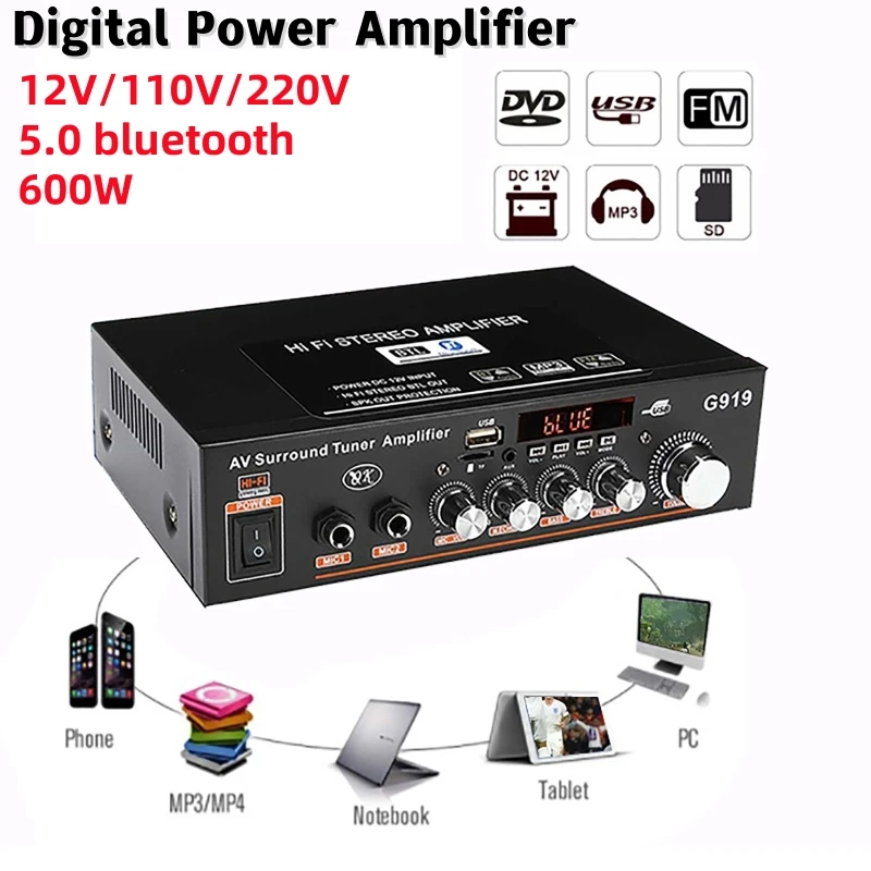 12V 110/220V Digital Power Amplifier 600W Car Home Amplifiers HiFi Subwoofer Amplificador FM TF AUX MP3 Player Remote Control