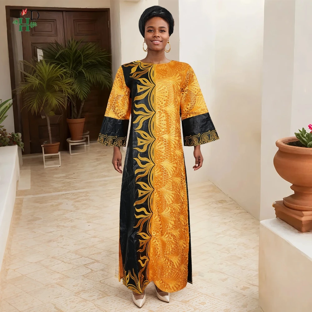 African Clothes Plus Size For Women Elegant Dresses Bazin Riche Lace Spliced Gown Embroidery Party Wedding Traditional Wear 2025