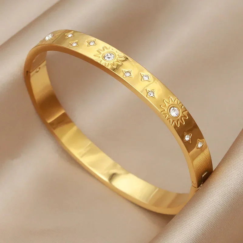 Classic Stainless Steel Metal Crystal Flower Bangles for Women Fashion Brand Jewelry Sun Bracelet Gift Accessories