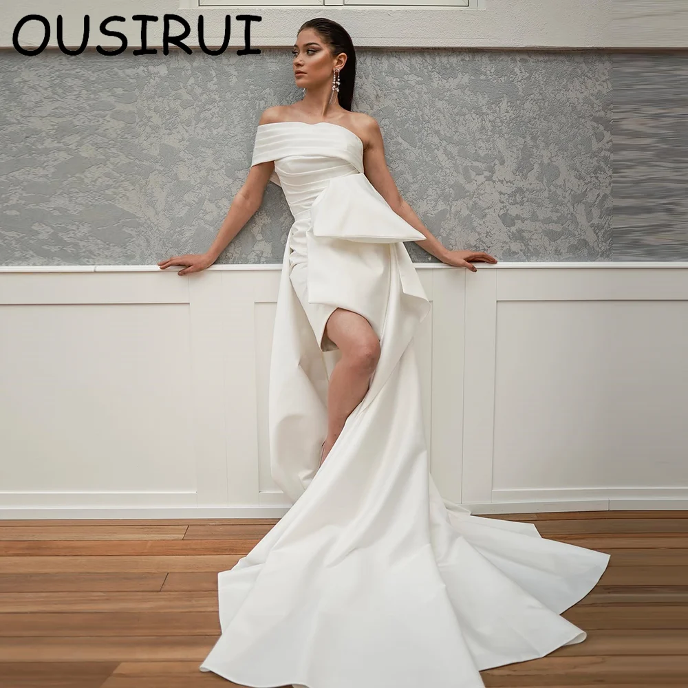 Modest Boat Collar Satin Solid Pleated Sheath Backless Wedding Dress Bow Train Wedding Bridal Gown Vestido de novia