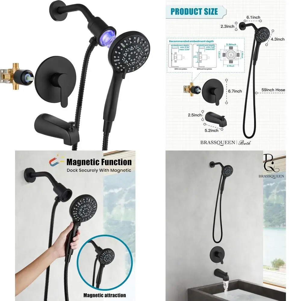 

Tub Shower Faucet Set with Magnetic 5-Function Handheld bathtub shower faucet set with Rough-in Valve Trim Kit Matte Black