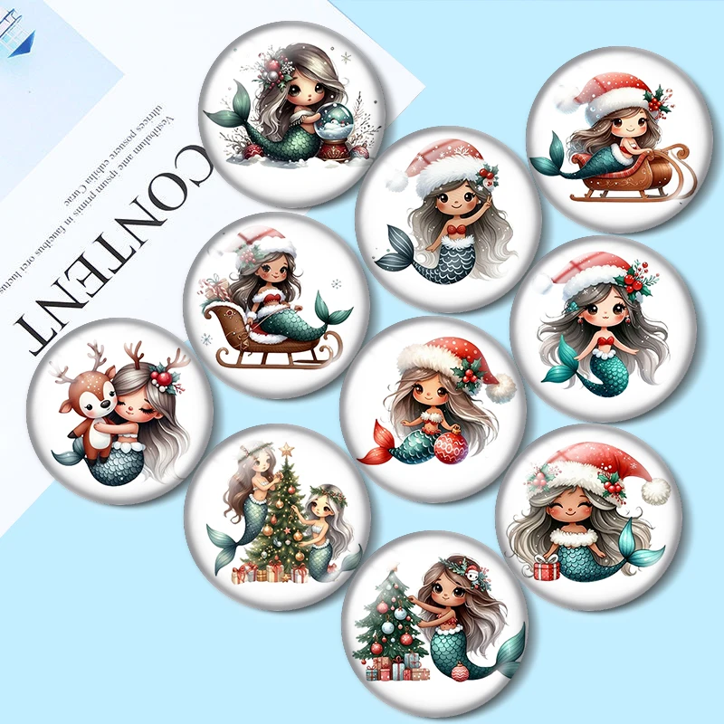 Christmas mermaid  for jewelry production 12mm/25mm/30mm Round photo glass cabochon demo flat backMaking findings