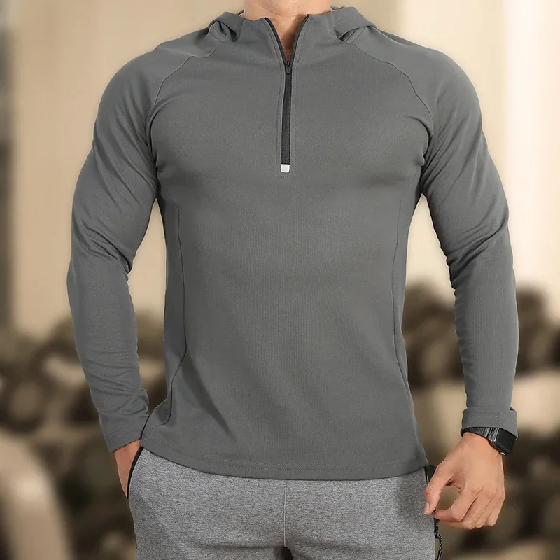 Men Outdoor Running Hoodies Fitness Sport Hooded Shirts Golf Half Zip Tops Workout Outer Clothing Male Cottony Sweatshirt