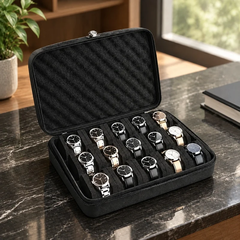 Travel-Friendly Watch Storage Box with 15 Compartments and Durable Protective Build for Home and On-the-Go