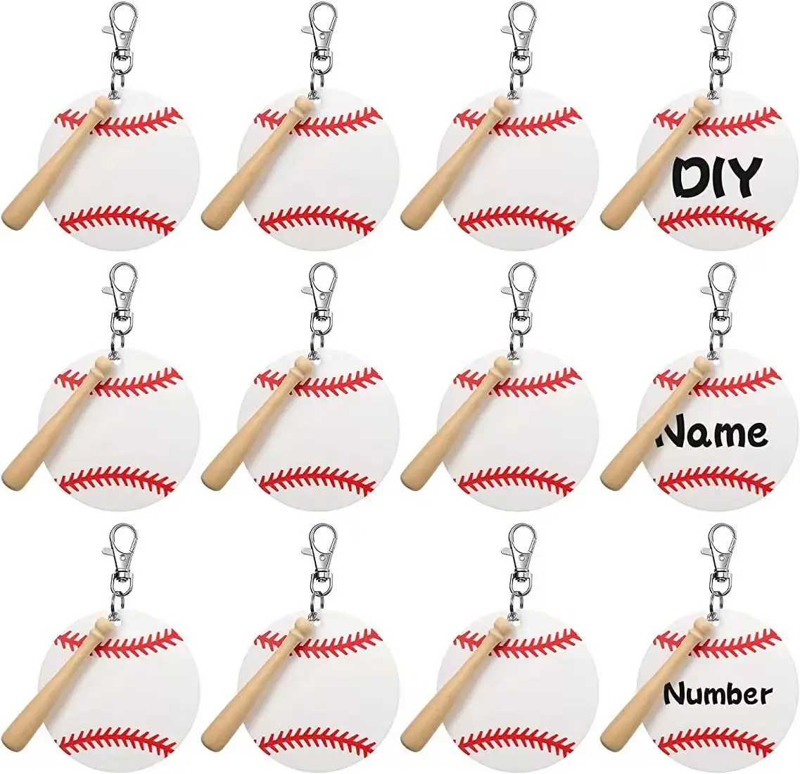 36 Pieces Mini Baseball Keychain with Wooden Bat for Sports Theme Party Team Souvenir Athletes Rewards Party Favors