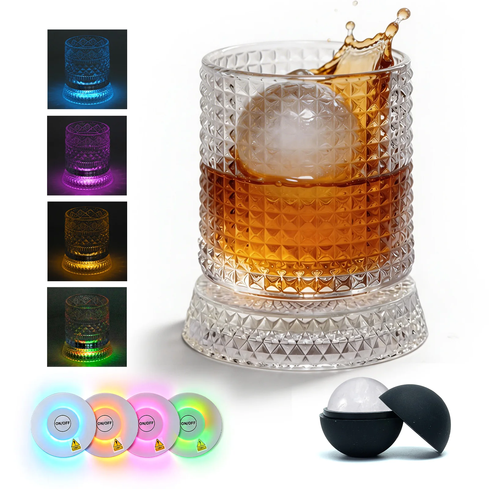 Spinning Whiskey Glasses Set with 4 LED Light & Ice Molds, 9.5oz Unique 360 Degree Rotating,Anti-slip Weighted,Ideal for Bourbon Scotch Old Fashioned,Gift for Whiskey Lovers (grid pattern)