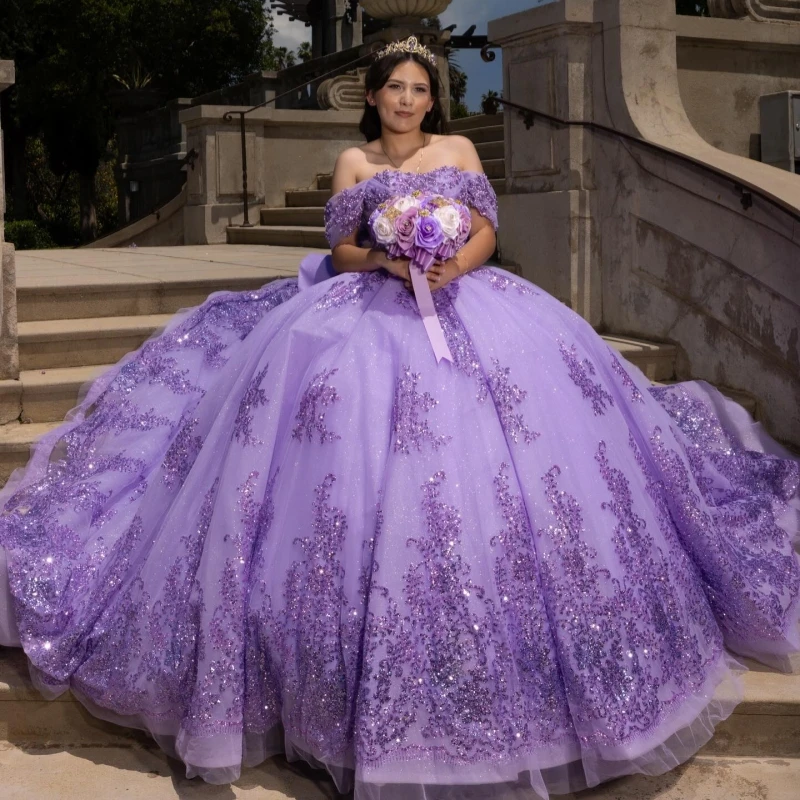 

Lavender Quinceanera Dresses Ball Gown Off The Shoulder Sequin Applique Beading Tull Corset Party Birthday Sweet 16 Dress Vestid