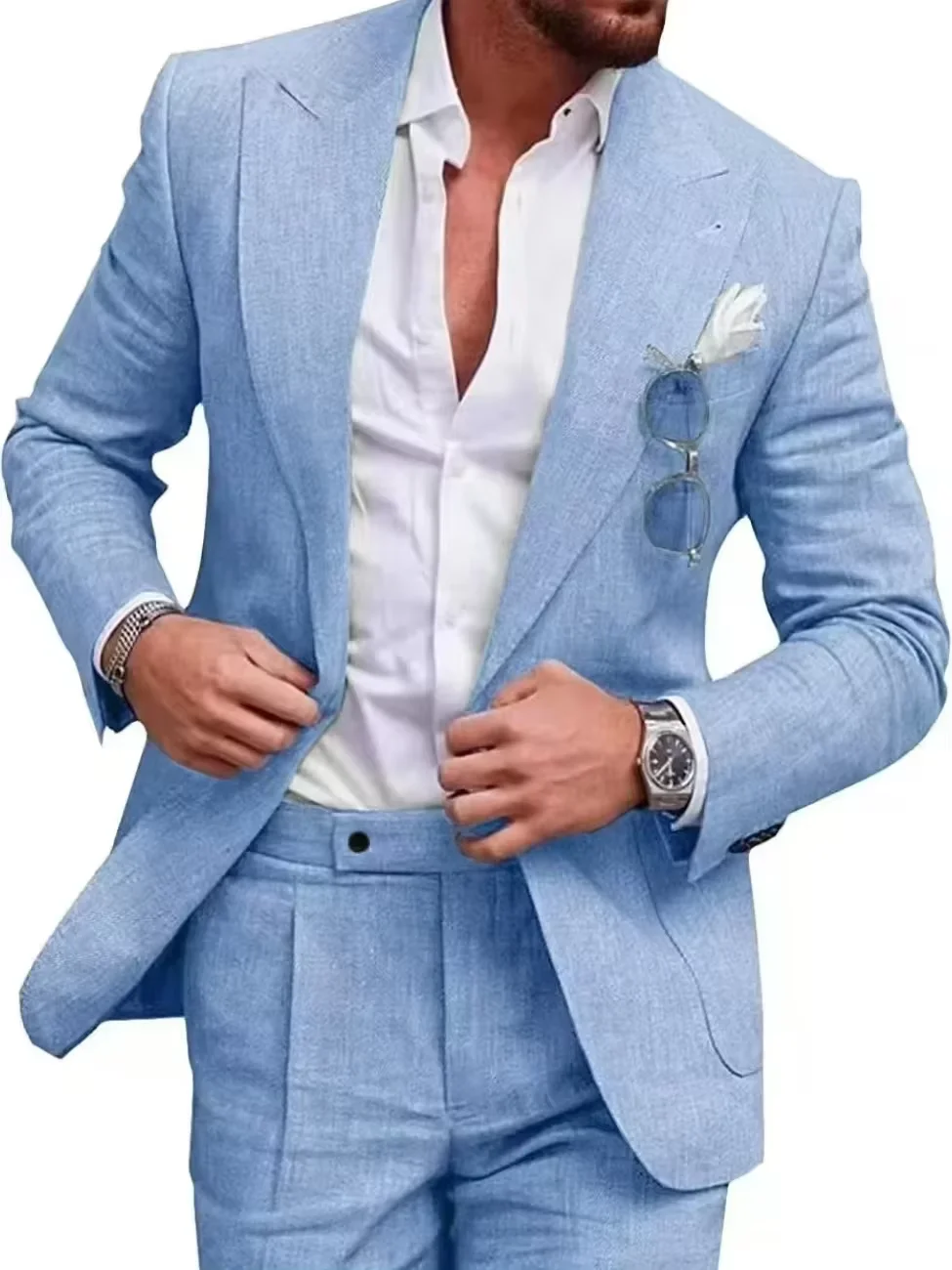 Men\'s Linen Set 2-Piece Slim Fit Suit Summer Beach Wedding Set  One Button Tuxedo Linen Suit Jacket And Pants Set