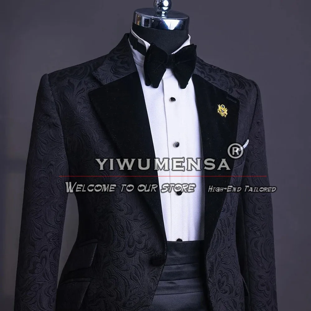 Jas motif bunga pria Royal t-shirt Jacquard kerah beludru hitam kustom jaket Pria celana sepinggang 3 potong pakaian pengantin pria tuksedo pernikahan