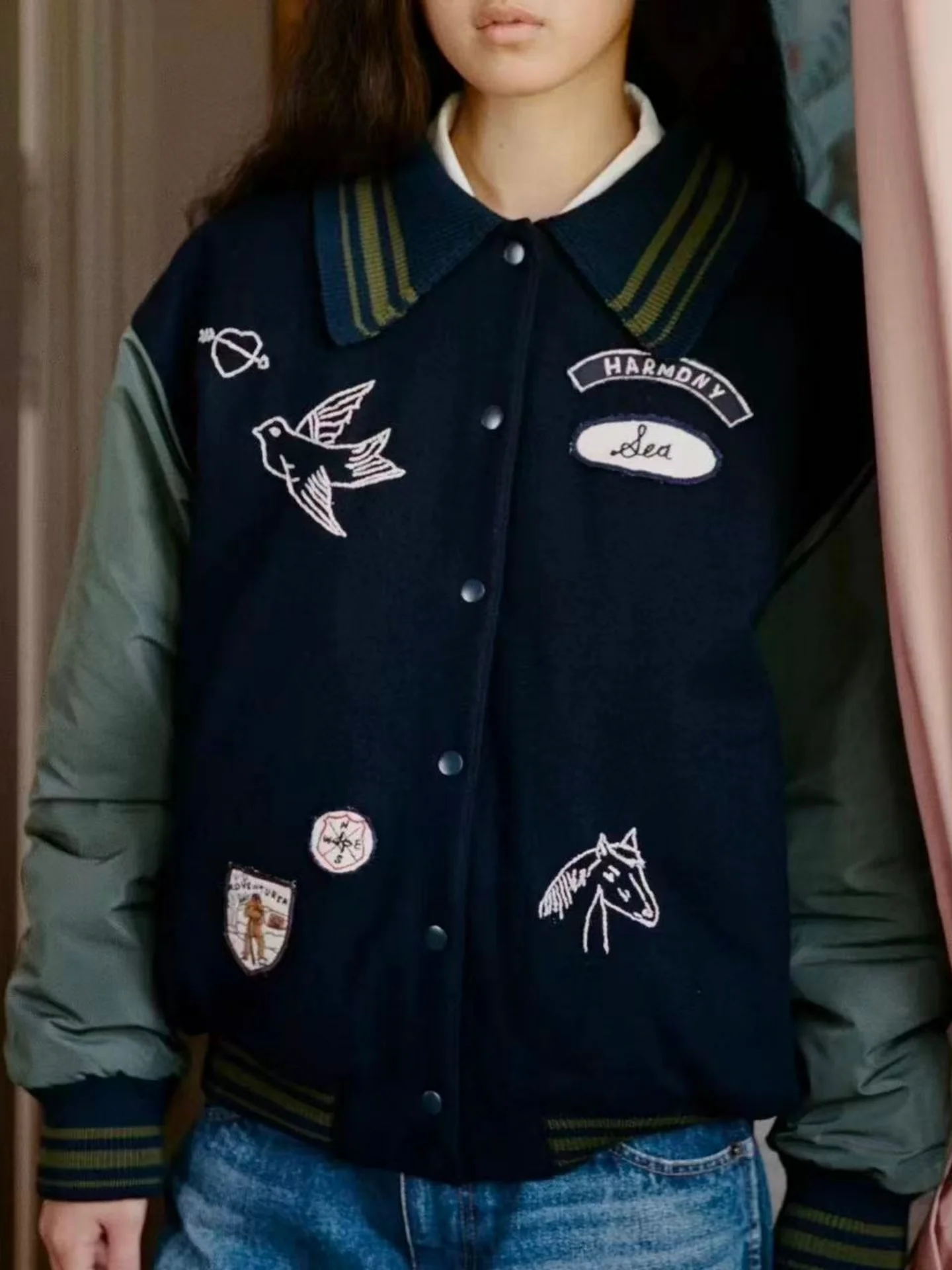 

Женская шерстяная куртка в стиле ретро с цветными блоками и вышивкой животных, повседневная, в бейсбольном стиле, с длинными рукавами, свободного кроя, зимняя