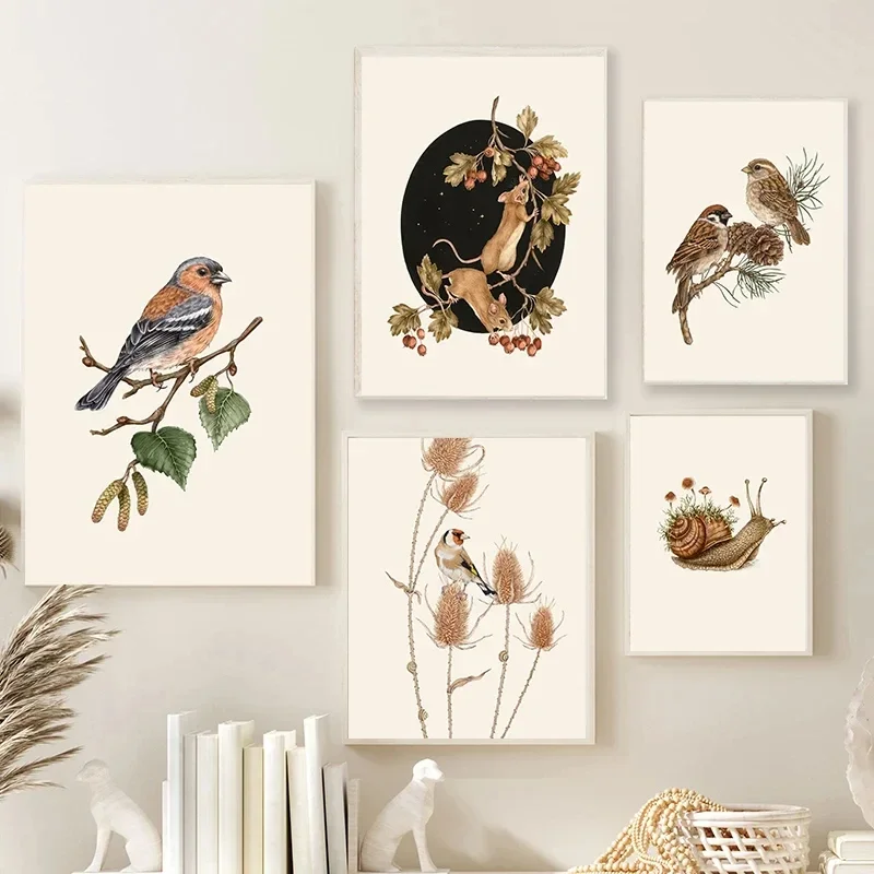 Animal Garden Snail Goldfinch Mouse Hawthorn Bird Branch Wall Art Poster Oil Painting Living Room HomeDecoration Wall Painting