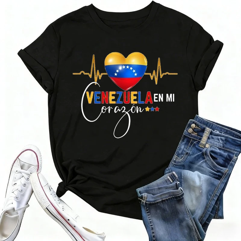 เสื้อยืดเวเนซุเอลาสำหรับผู้หญิง เสื้อยืดเวเนซุเอลา เสื้อผ้าผู้หญิง ลายรูปหัวใจ การประท้วง ความสงบสุข ความอิสระ มนุษยสิทธิ์ เสื้อยืด