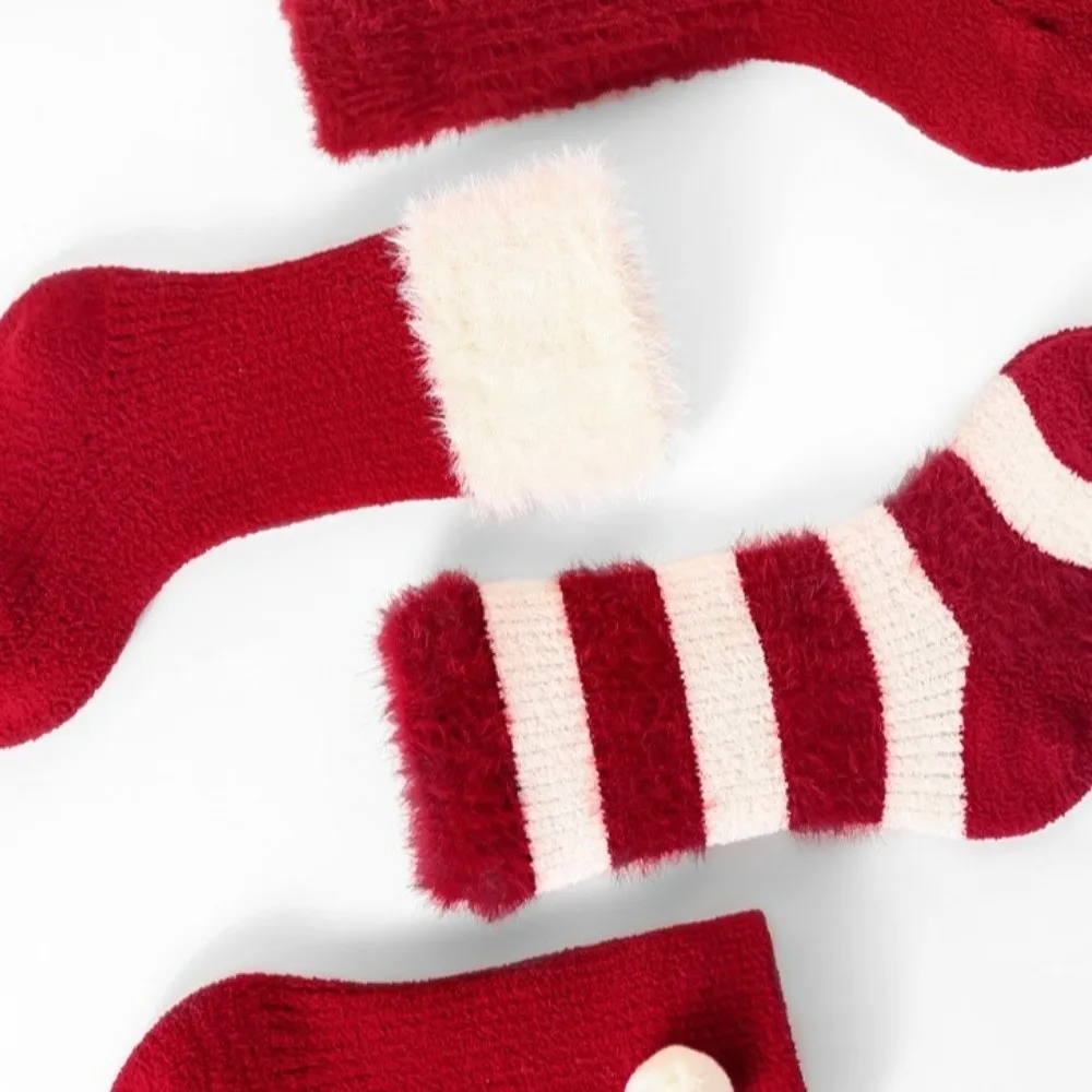 Floor Sock Soft New Year Infant Socks Middle Tube Warm Red Socks Cotton Ball Thickened Velvet Toddler Socks Holiday
