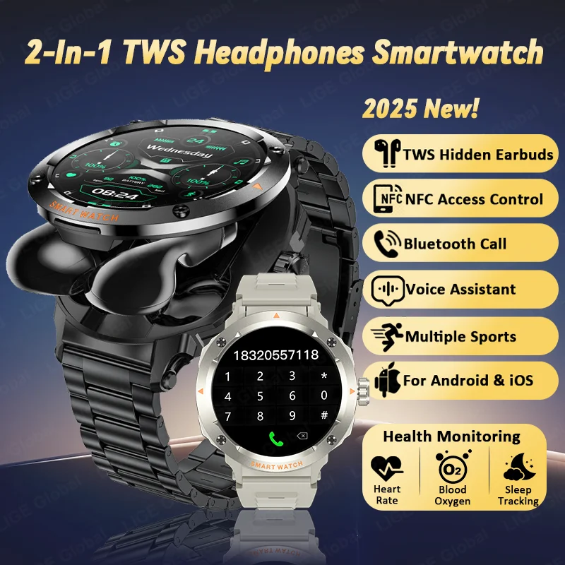 

LIGE New TWS 2-in-1 Smart Watch With Headset Bluetooth Call NFC Smartwatch Men Heart Rate Blood Oxygen Play Music Earbuds Watch