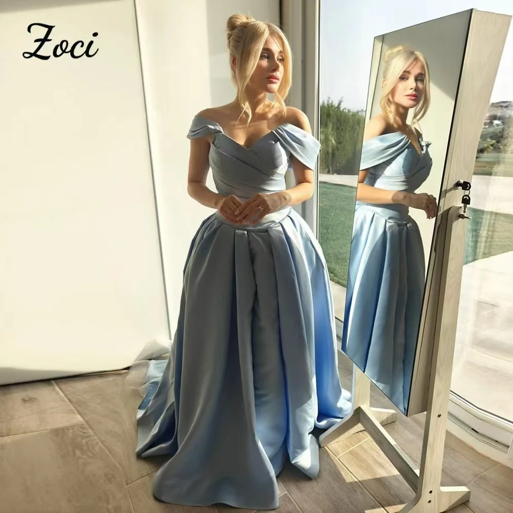 

Zoci Атласные платья для выпускного вечера с открытыми плечами Небесно-голубое длинное платье для выпускного вечера в форме сердца А-силуэта с корсетом Саудовские платья de festa по индивидуальному заказу