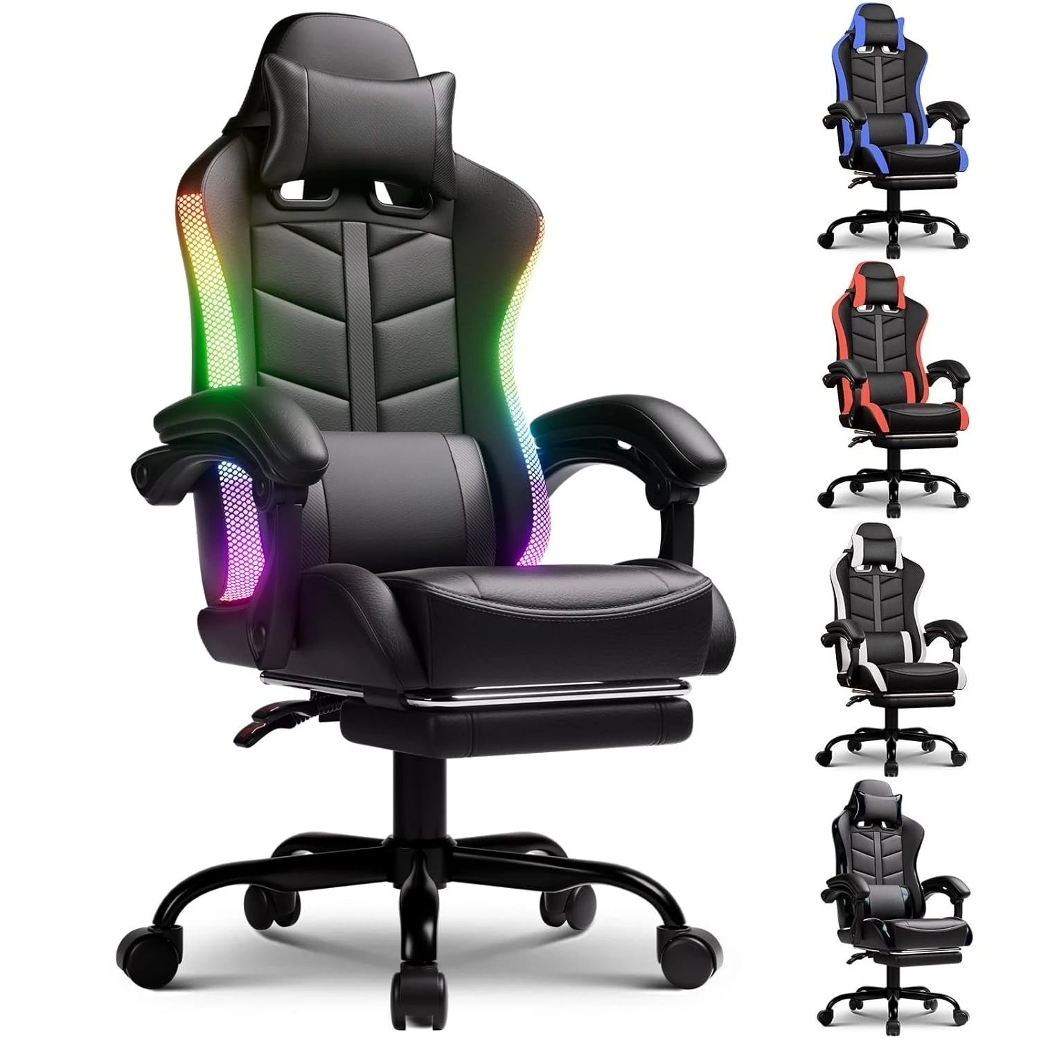 

RGB Gaming Chair with Footrest LED Lights Height Adjustable 90-155° Recline Removable Headrest Lumbar Support, Customized