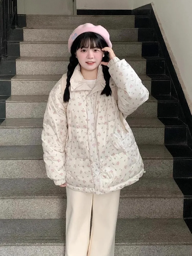 

Sweet Design Ladylike Floral Cotton Jaet Women's Winter Loose Casual Cotton Coat V-ne Single Button Long Sve Regular L...