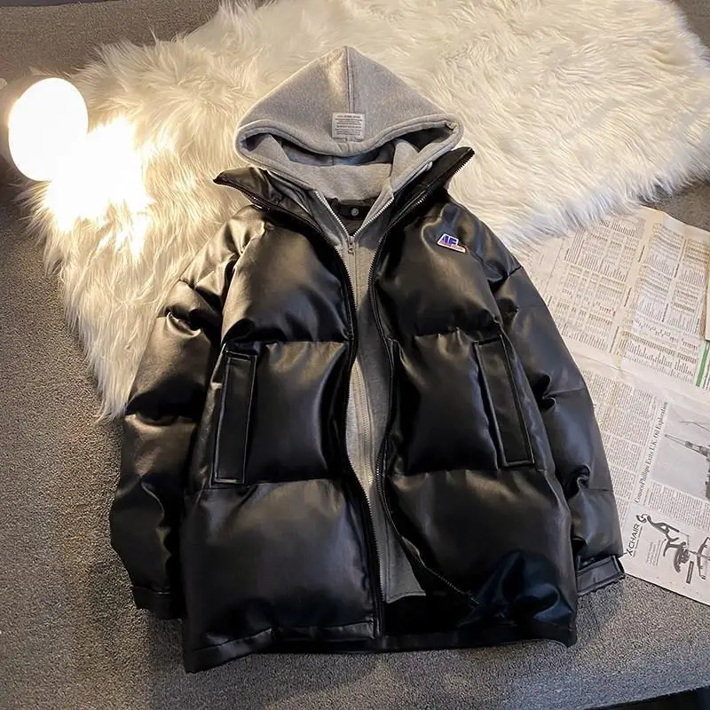 Winter Fake Two-Piece Hooded Cotton-Padded Coat Korean Style Loose PU Leather All-Matching Cotton-Padded Coat Couple Outerwear