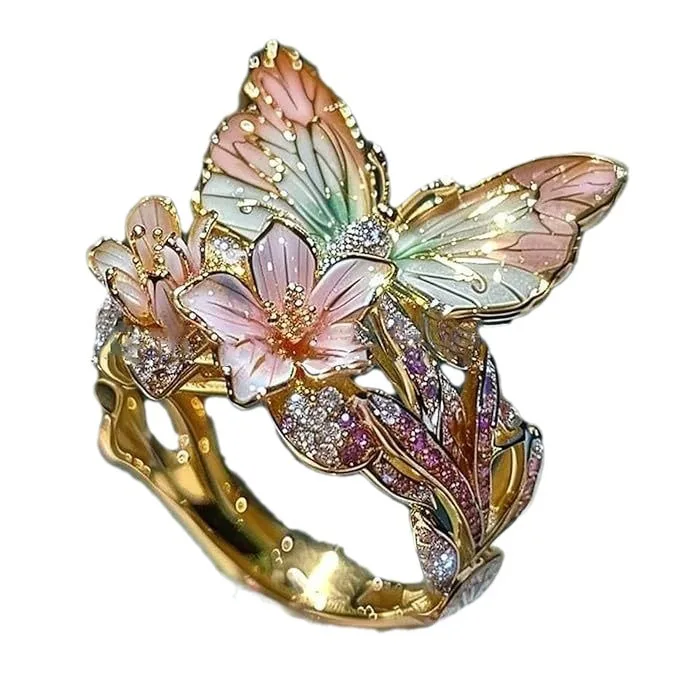 French Luxury Style Silver Color Invisible Inlaid Imitation Pink Jade Butterfly White Jade Lily Flower Ring UNISEX High End Ring