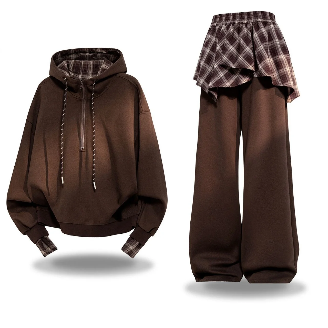 

Women's Plaid Fake Two-Piece Hoodie Set-Oversized Half-Zip Drawstring Hoodie & Wide-Leg Pants, Vintage Chic Outfit Autumn Winter