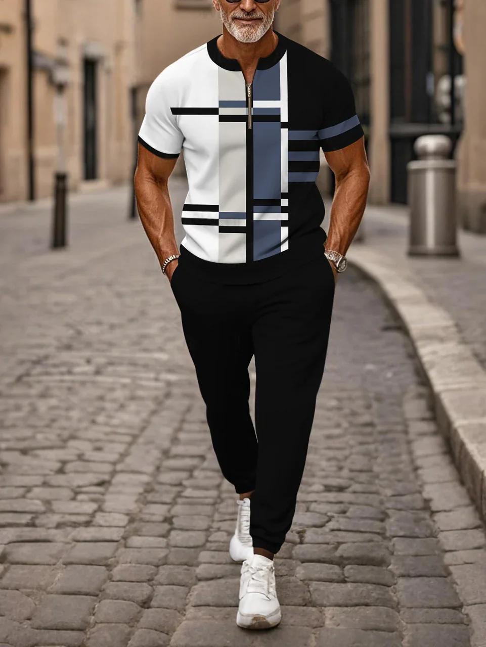 

New Men's Casual Two-Piece Suit: Comes with a half-zipper stand-collar short-sleeve top and long pants. Made for all-day ease, i