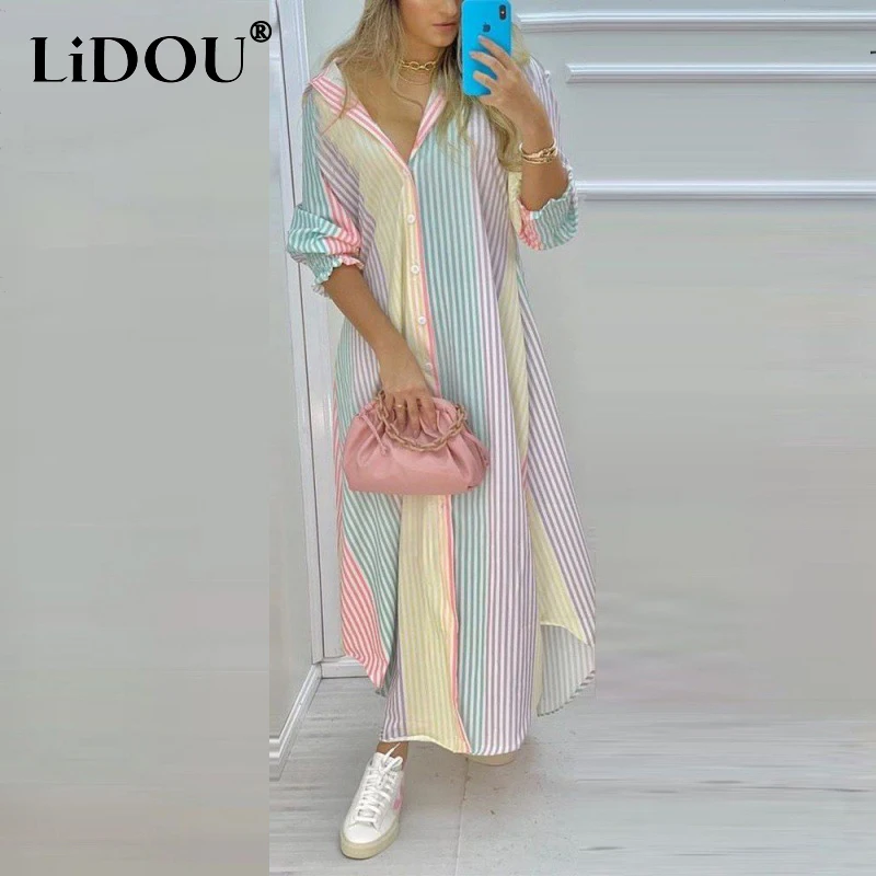 

Summer Lapel Striped Printing Fashion Shirt Robe Femme Long Sleeve Single Breasted Loose Casual Vestidos Dress Women's Clothing