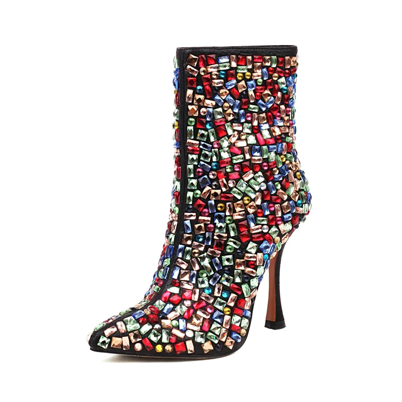 

2022 New Crystal Stiletto Women's Short Boots Colorful Rhinestones Pointed Toe Catwalk Ankle Boots Party Wedding Shoes Plus Size