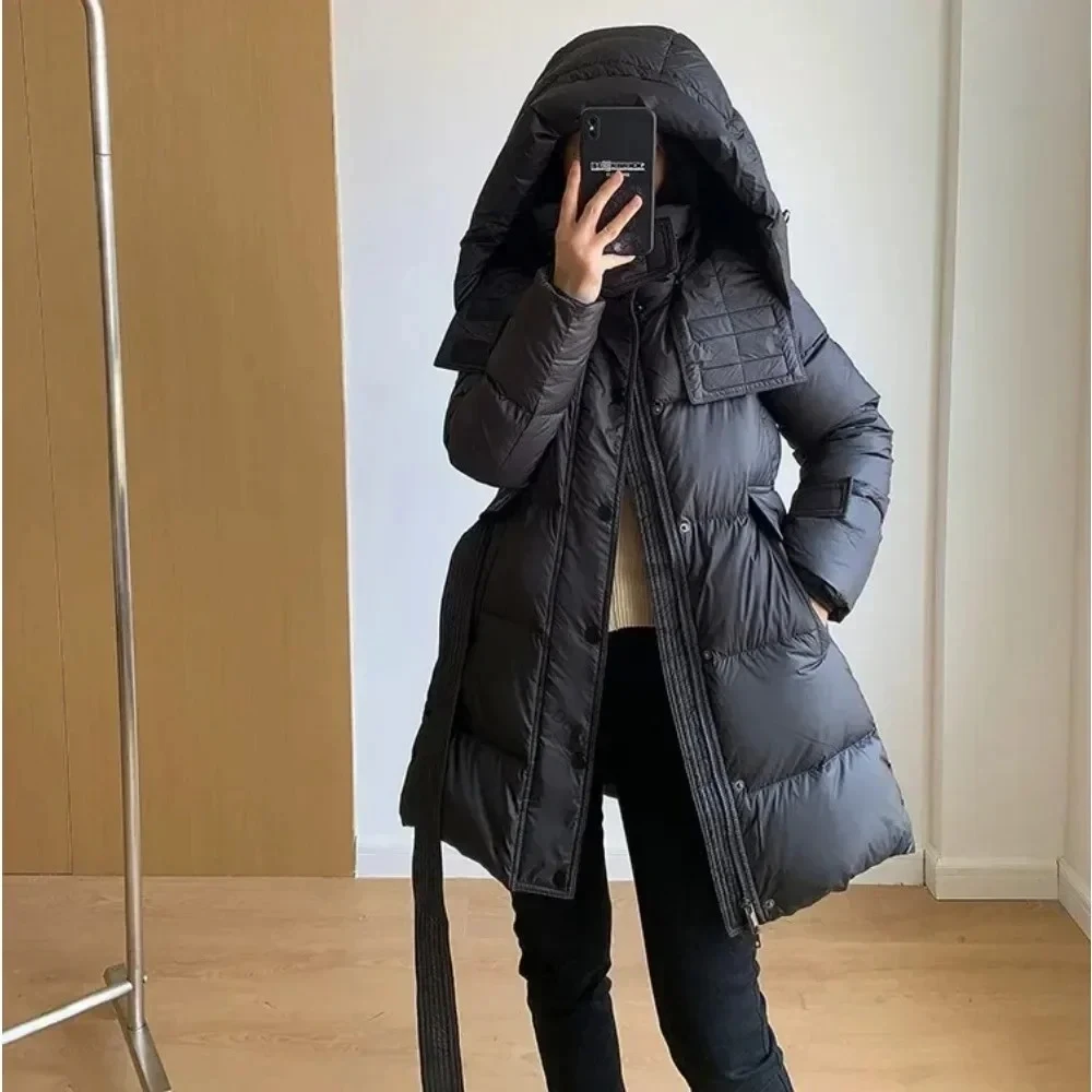 Down Jacket Women Coat Women Outerwear Female 2026 New Autumn Winter Hooded Long Jacket with Belt Thick Warm Loose Down Parka