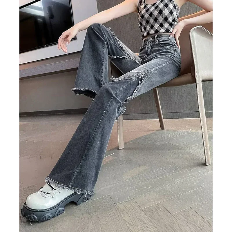 Lady Korean Retro High Waisted Jeans Pants Female Black Straight Leg Denim Pants Women Classic Thin Jeans Trousers