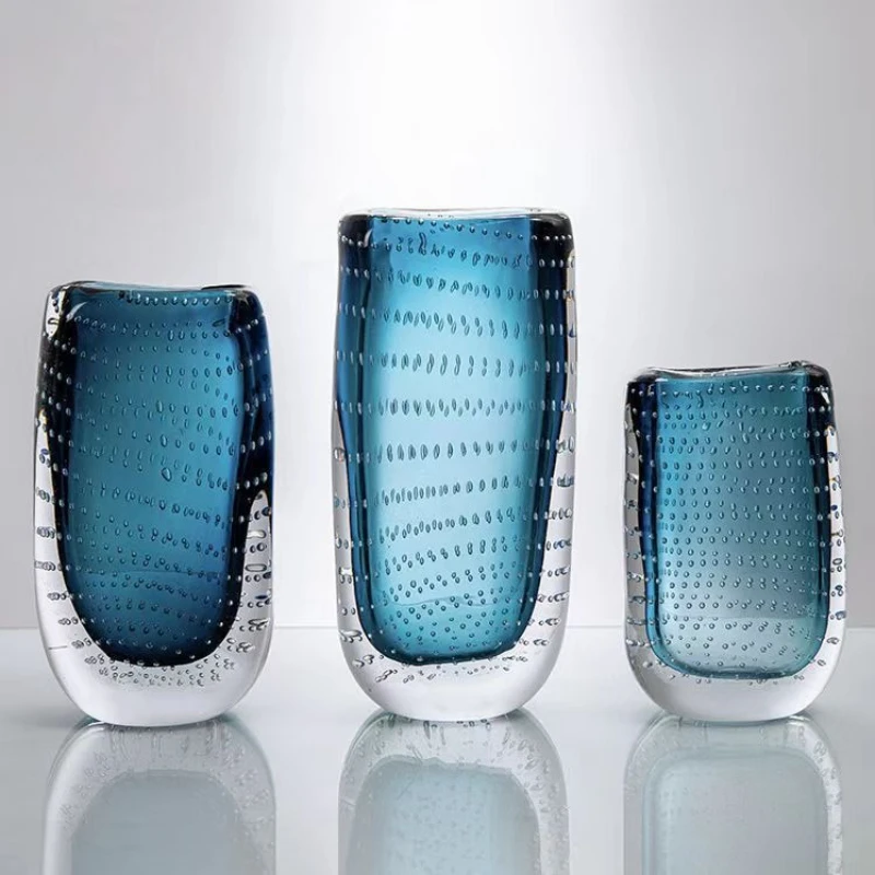 Glass Vase Blue Transparent Double-layer Glass Bottle Geometric Bubble Wave Points Terrarium Flower Vase Home Decoration