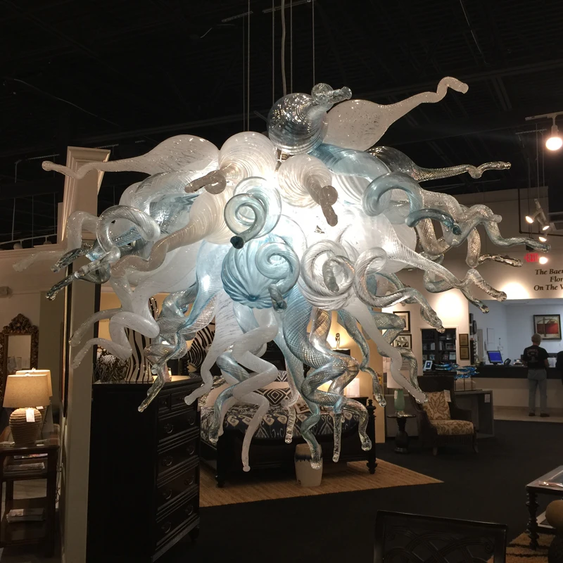 Baby Blue Pendant Lamps Home Decor LED White Color 60 cm Hand Blown Glass Chandelier Lighting