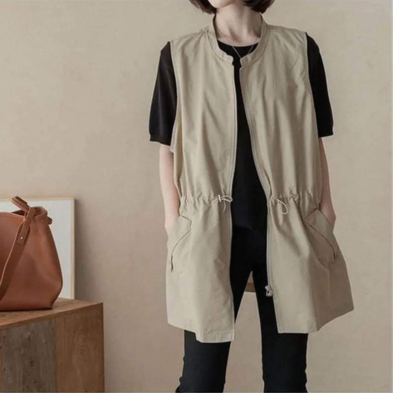 

Casual Windbreaker Vest Female Waistcoat 2023 New Spring Autumn Drawstring Sleeveless Coat Loose Vest Women Outerwear Top