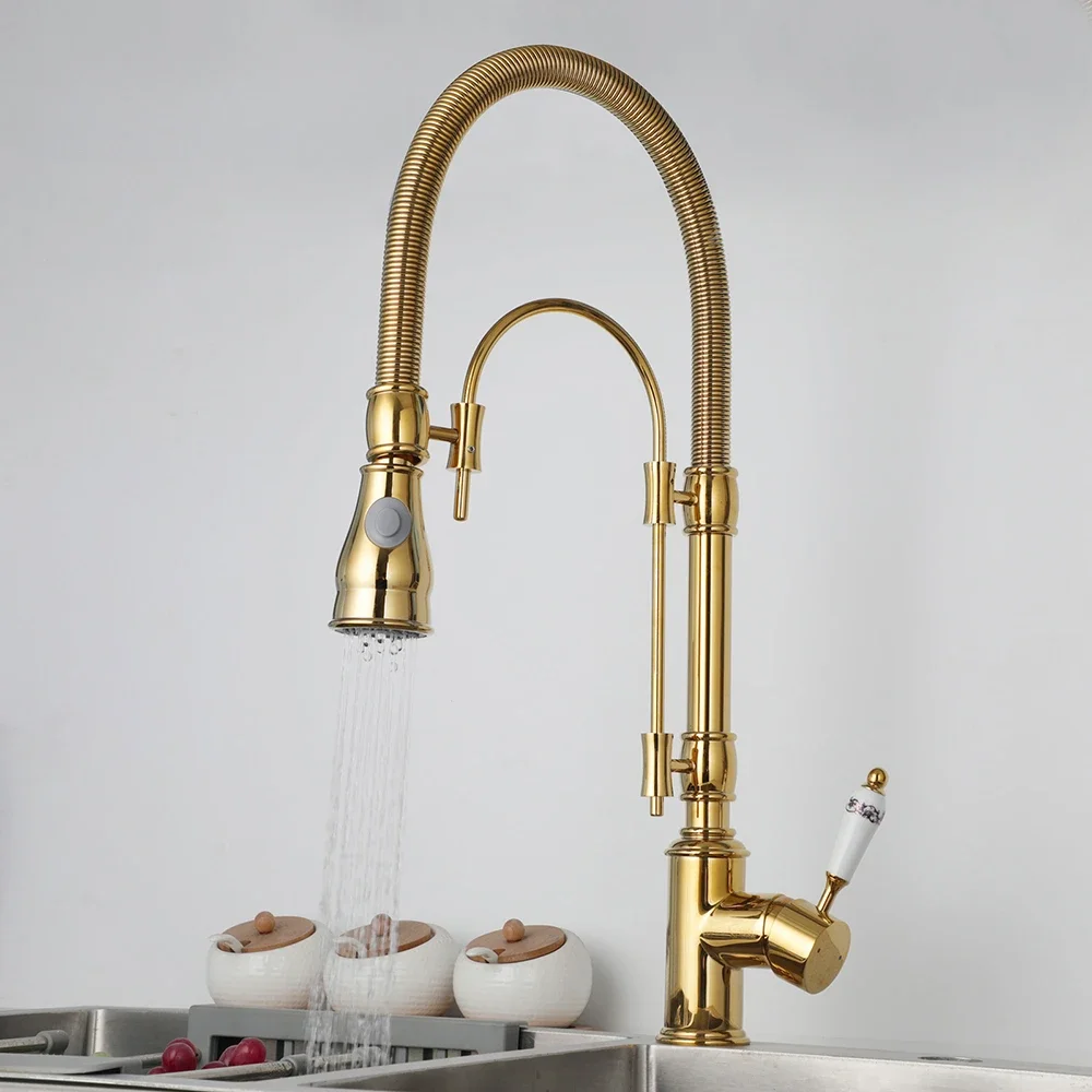 Gold Polished Spring Pull Down Kitchen Faucet Deck Mounted Rotating Basin Cuisine Torneira Brass Sink Mixer Water Tap