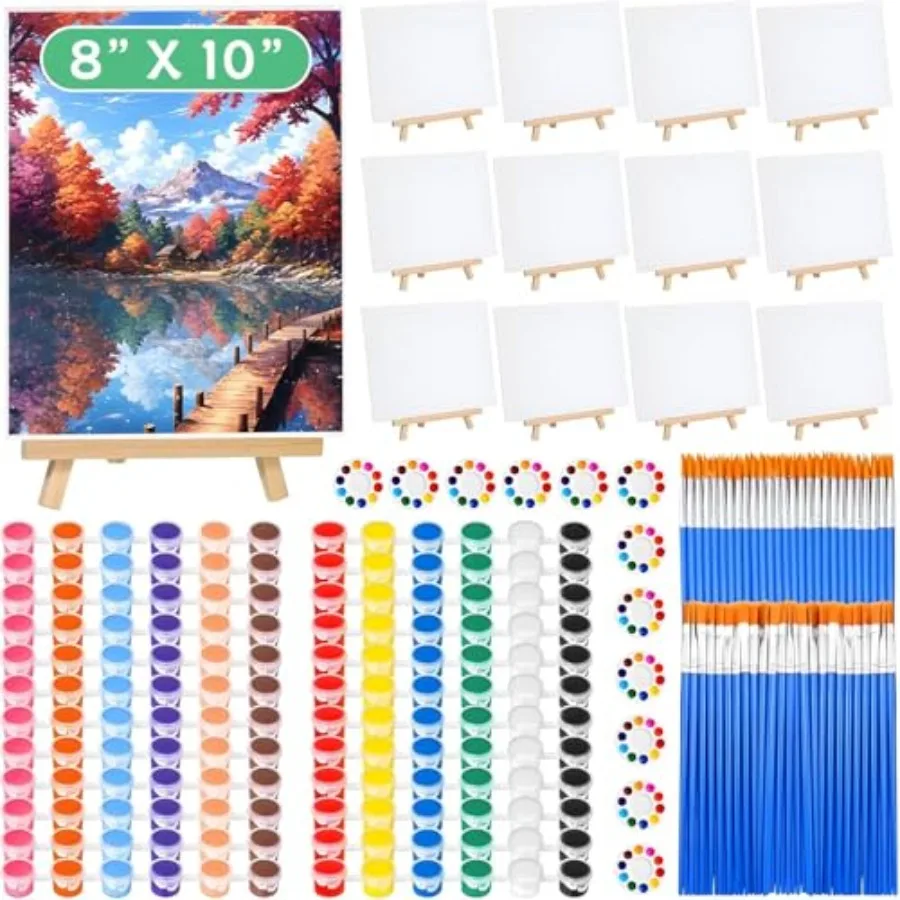 120pcs 8x10 Inch Painting Supplies Kit, 12Pack Art Canvas Bulk with Easel Stand, 12 Colors Mini Acrylic Paint Set, Small Paint