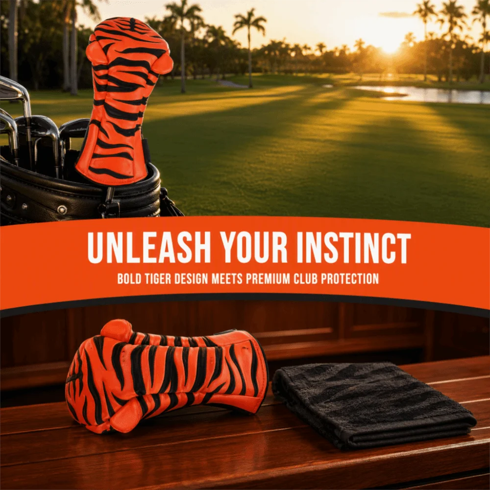 Water Proof PU Wood Club Head Cover Elastic Band Cartoon Tiger Design PU Golf Headcover Lining No.3 5 Size