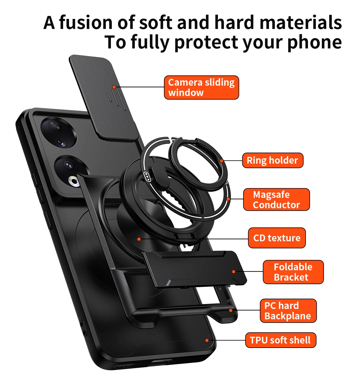 Ringhalter-Hülle für Huawei Honor 90 5G, magnetischer Ständer, Linsenschutz, Schutzhülle für Honor 90 Lite, stoßfeste Handyhülle. – Detail 7