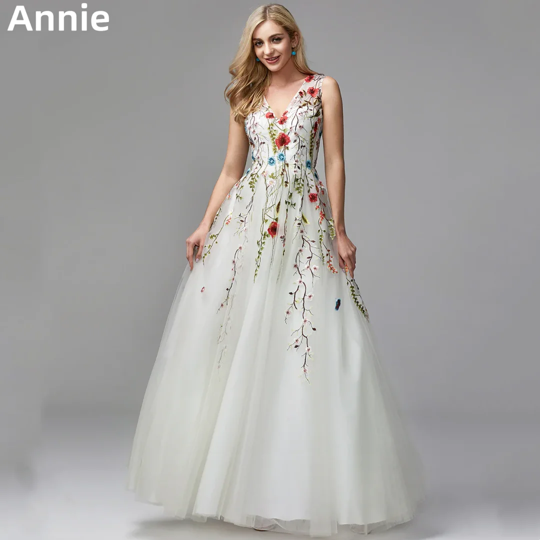 

Annie White Flowers Prom Dress V-neck Tulle Bride Evening Dresses Wedding Dress Formal Occasions Dresses Vestidos De Noche2024