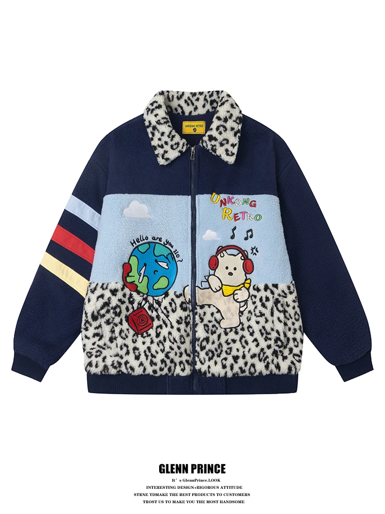 

Теплая свободная хлопковая куртка для мужчин с воротником, лоскутным дизайном, мультяшным леопардовым принтом, повседневная молодежная модная модель с длинными рукавами и застежкой-молнией