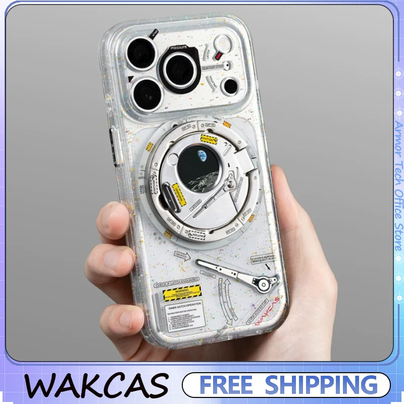 WAKCAS Mechanical Space Transparent Phone Case  Magnetic Drop-Proof Shell Phone Protective Cover for iPhone 18 Pro Max/18 Pro