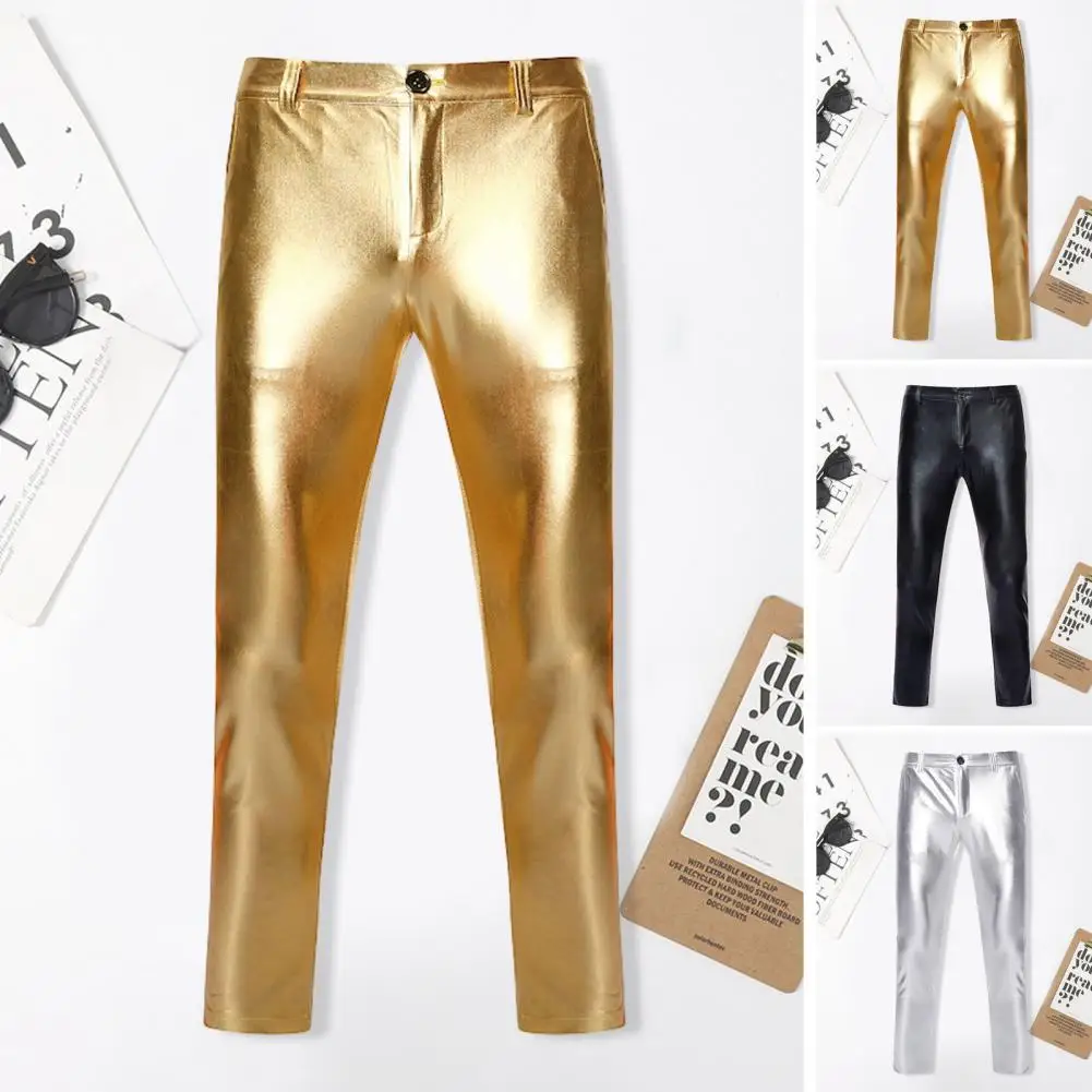 Motorcycle PU Leather Pants Men Brand Shiny Gold Coated Metallic Pants Trousers Nightclub Stage Perform Pants for Singers