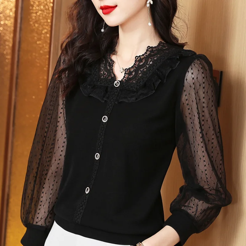 #2546 Black Office Blouse Women Sexy Office Vintage Tops And Blouses Long Sleeve Buttons Ruffles V-neck Short Blouse Slim Spring