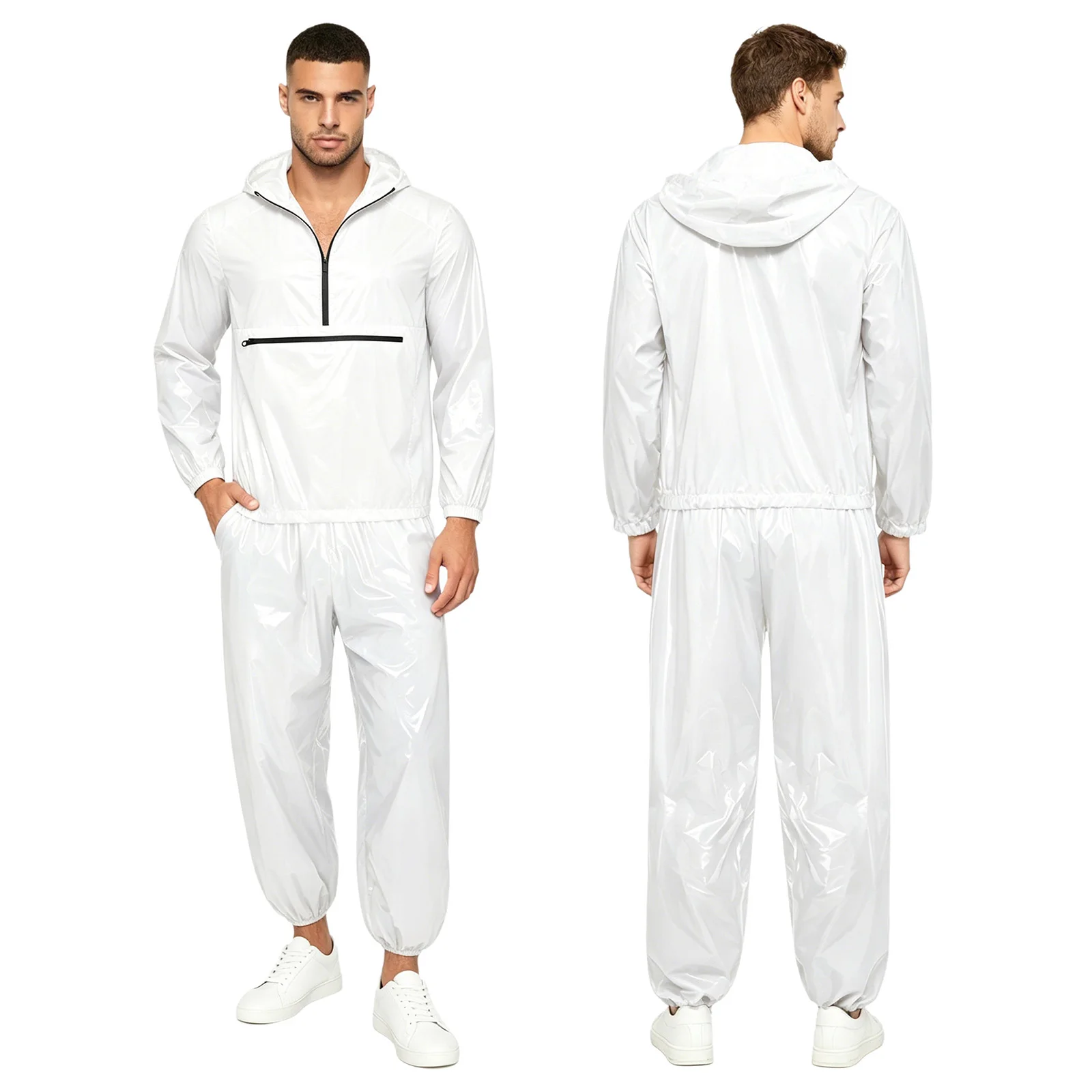 

Mens Glossy Waterproof Tracksuit Sauna Sweat Outfit Zipper Pocket Hoodie Sweatshirt Jacket And Jogging Pants Rainwear Sportswear
