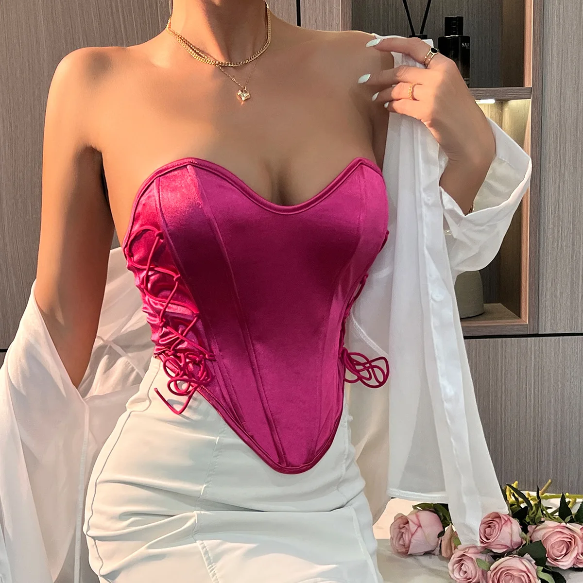 Sleeveless Off Shoulder Velvet Sexy Orange Corset Crop Tops Vest Summer Women Strapless Bustier Tube Tops Solid Camis Streetwear