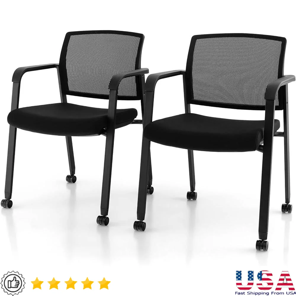 Waiting Room Chair Set 2-Pack Stackable Office Chairs with Armrests Rolling PU Wheels Ergonomic Conference Room Seating