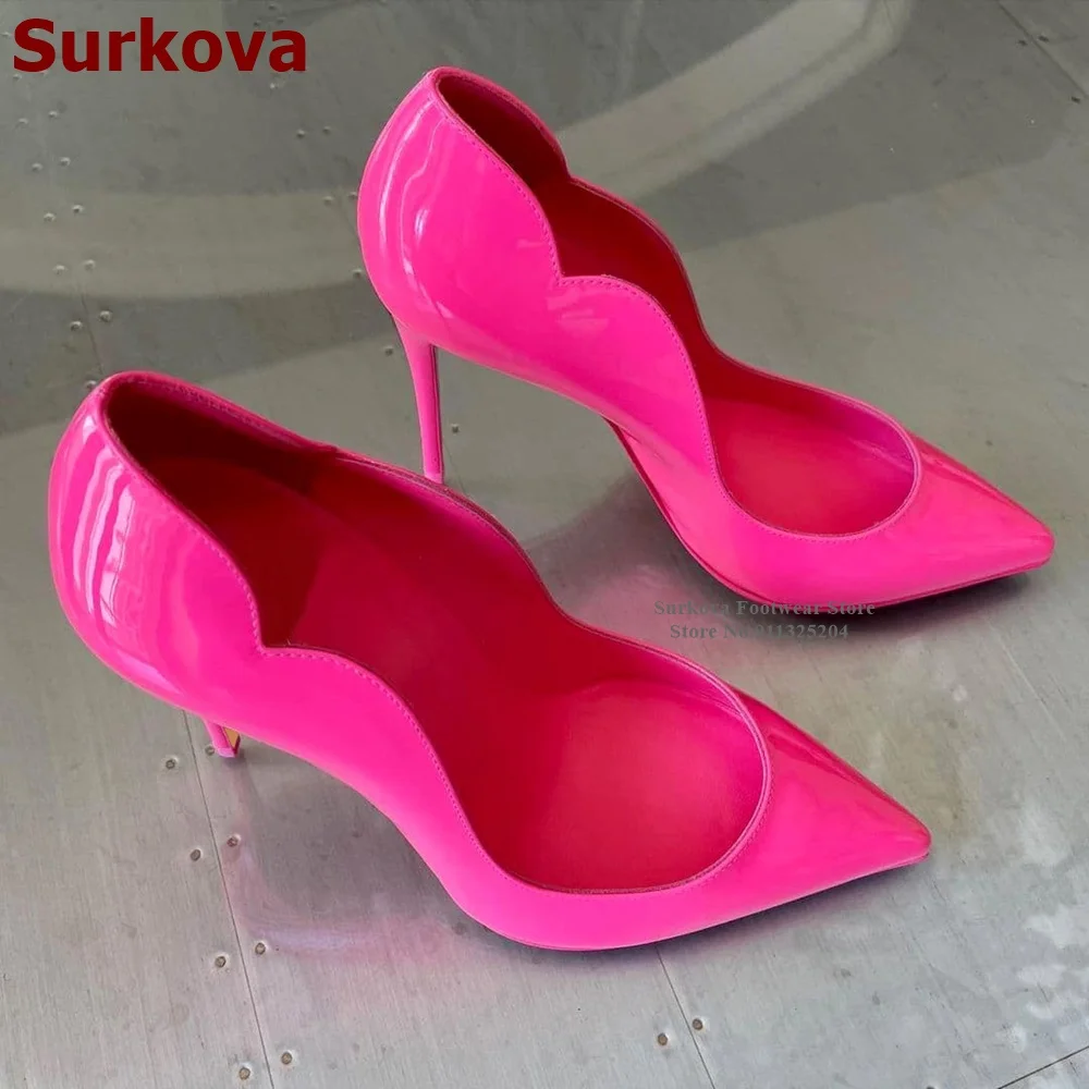 Surkova Gold Hologram Iridescent Mirror Leather Shallow Pumps 12cm Thin High Heel Pointed Toe Slip-on Dress Shoes Red Pink Blue