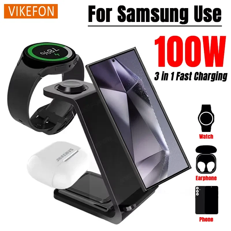 3 in 1 100W Travel Wireless Chargers For Samsung Galaxy S24/S23 Watch 7/6 Classic 5/4/3/2 Ultra Buds 3/2 Pro Plus Fast Charging