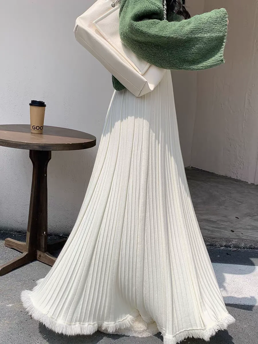 

2025 Women's High Waist Knit Pleated Skirt, A-Line Flared Maxi Length with Fringe Trim Fall Winter Long Skirt for Casual Wear